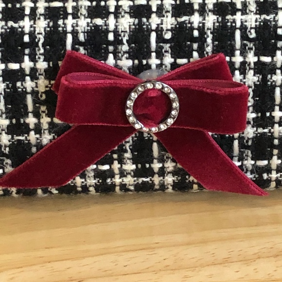 Tweed velvet bow bag purse retro kisslock style black white burgundy diamantés - Picture 5 of 6